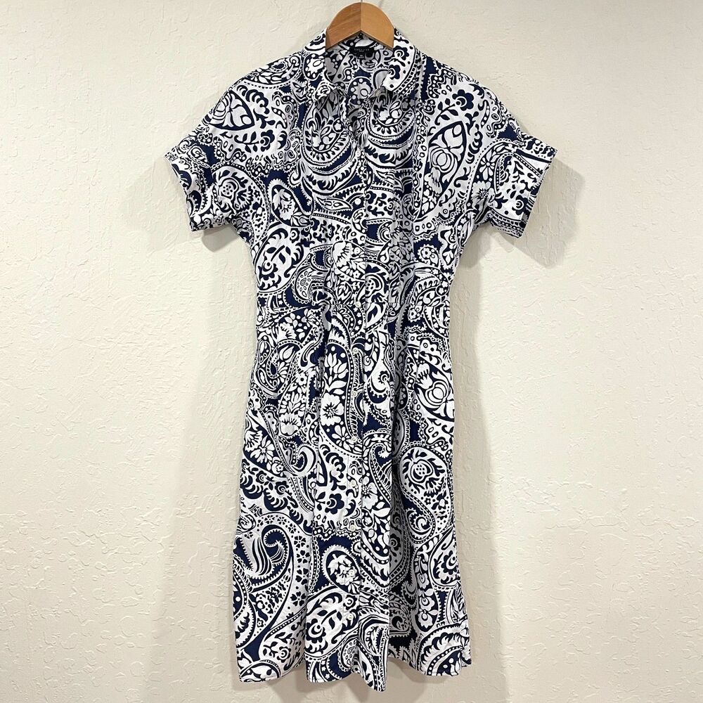 ~ Talbots 4p Dress Button Up Midi Cotton Short Sleeve Navy Blue White Pockets Sm